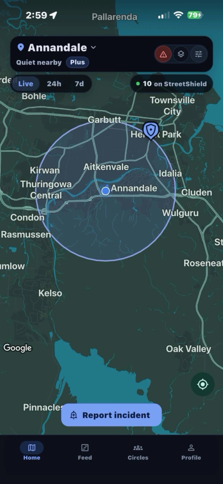 StreetShield app showing a local safety map.
